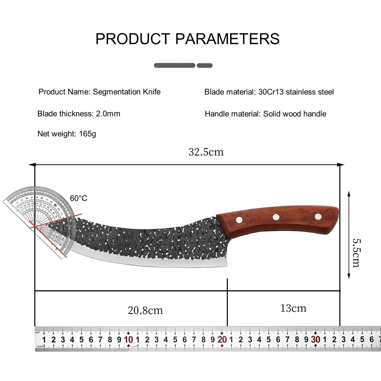 Styckningskniv Kurvad - 30Cr13 stål, Trähandtag