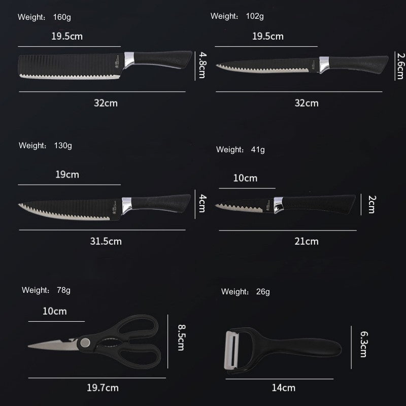 Köksknivset 6 delar 3Cr13 stål Räfflade blad - Svart