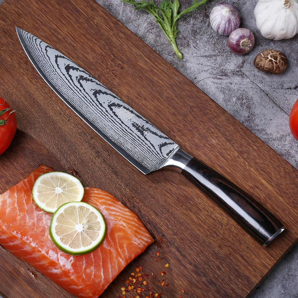 Japansk Kockkniv 7Cr17 – Damaskusmönster