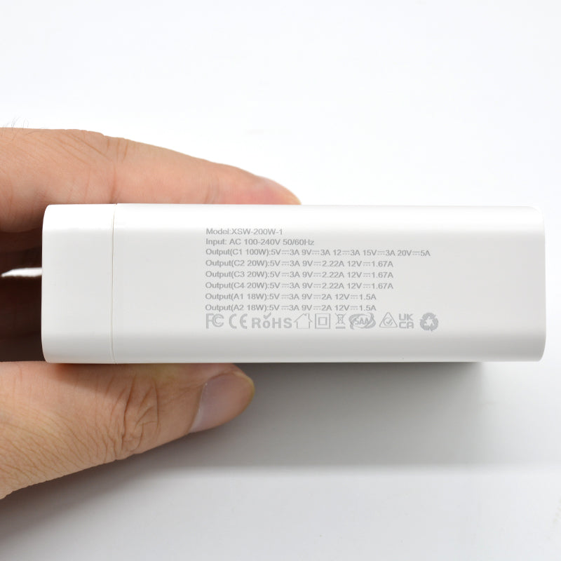 Laddstation GaN 200W – 6 portar (USB-C & USB-A) – Snabbladdning för mobil & laptop