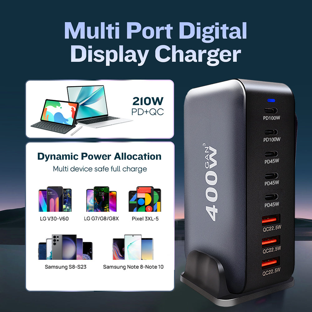 Laddstation GaN 400W – 8 portar (USB-C & USB-A) – Snabbladdning för mobil & laptop