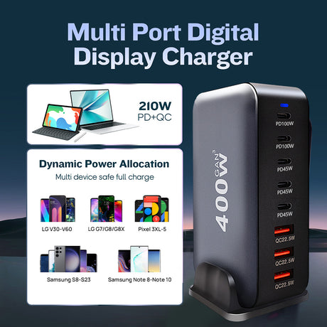 Laddstation GaN 400W – 8 portar (USB-C & USB-A) – Snabbladdning för mobil & laptop