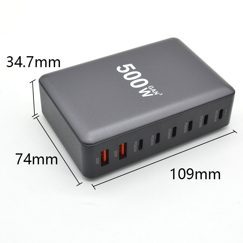 Laddstation GaN 500W – 8 portar (USB-C & USB-A) – Snabbladdning för mobil & laptop