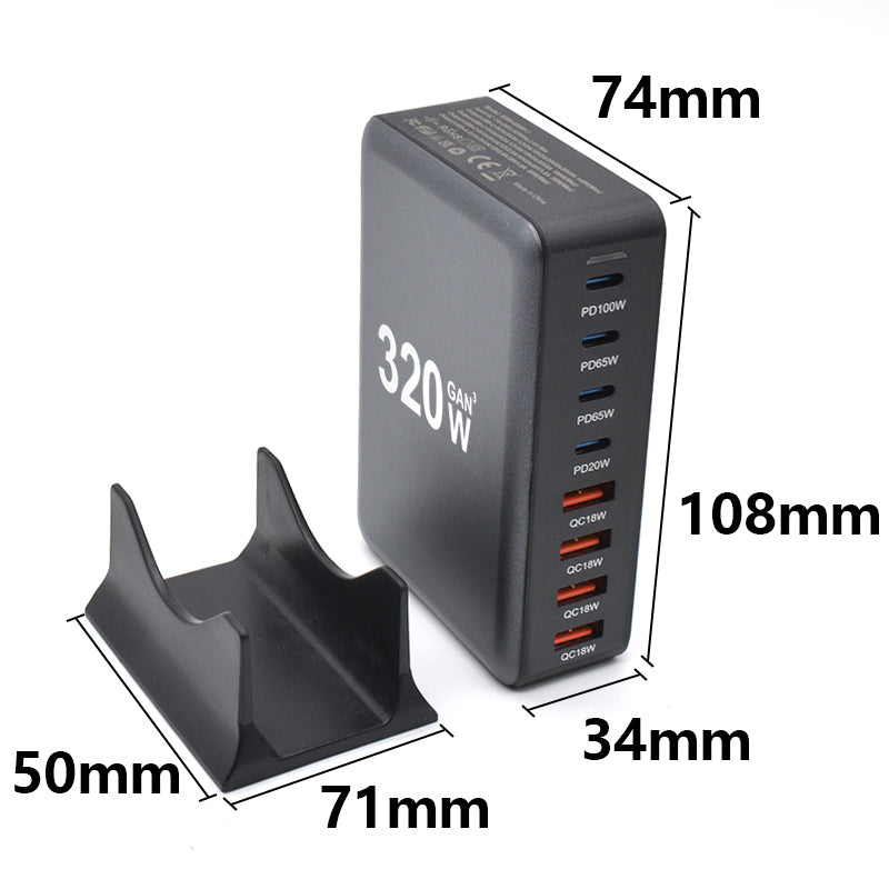 Laddstation GaN 320W – 8 portar (USB-C & USB-A) – Snabbladdning för mobil & laptop