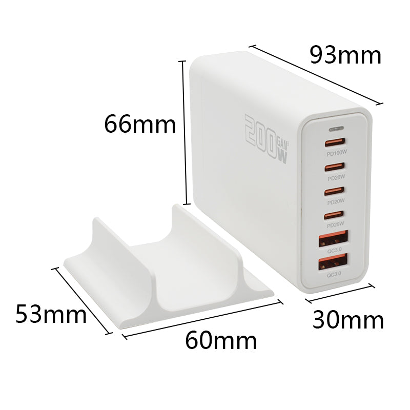 Laddstation GaN 200W – 6 portar (USB-C & USB-A) – Snabbladdning för mobil & laptop