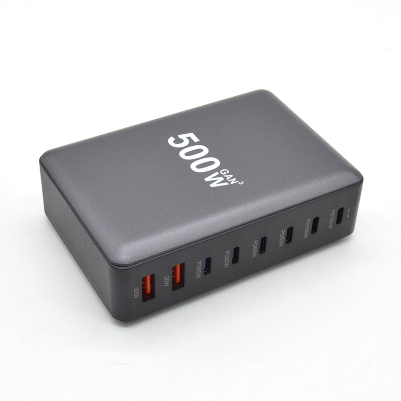 Laddstation GaN 500W – 8 portar (USB-C & USB-A) – Snabbladdning för mobil & laptop