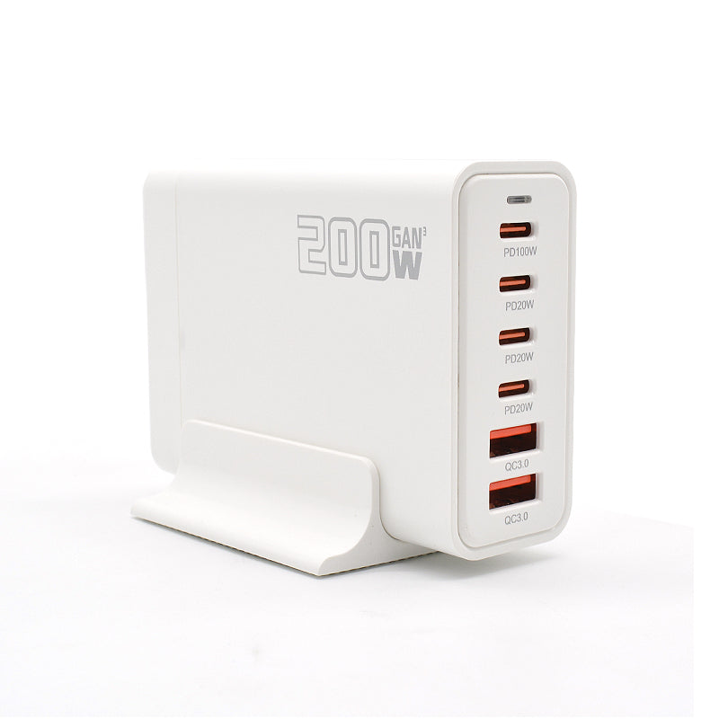 Laddstation GaN 200W – 6 portar (USB-C & USB-A) – Snabbladdning för mobil & laptop