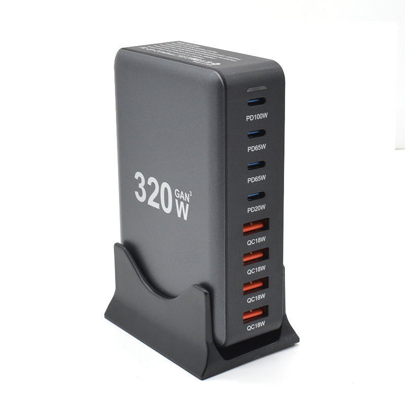 Laddstation GaN 320W – 8 portar (USB-C & USB-A) – Snabbladdning för mobil & laptop