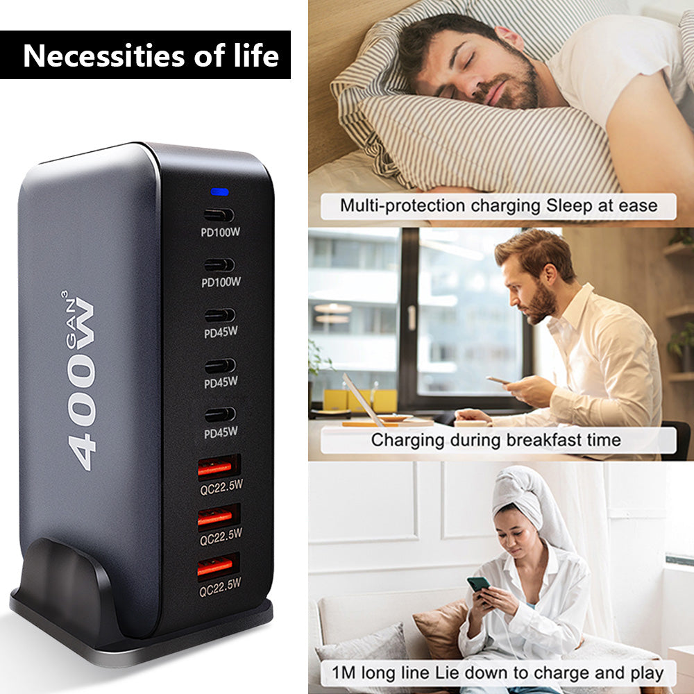 Laddstation GaN 400W – 8 portar (USB-C & USB-A) – Snabbladdning för mobil & laptop