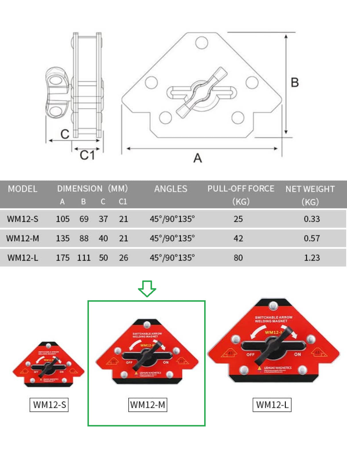 Pilformad Svetsmagnet WM12-M – On/Off 42 kg Dragkraft 45° / 90° / 135°