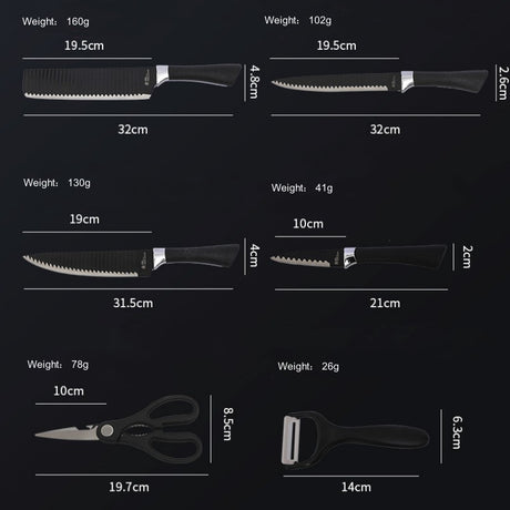 Köksknivset 6 delar 3Cr13 stål Räfflade blad - Svart