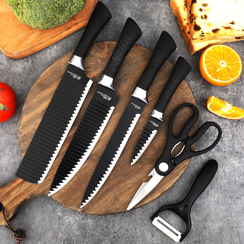 Köksknivset 6 delar 3Cr13 stål Räfflade blad - Svart