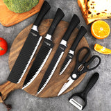 Köksknivset 6 delar 3Cr13 stål Räfflade blad - Svart